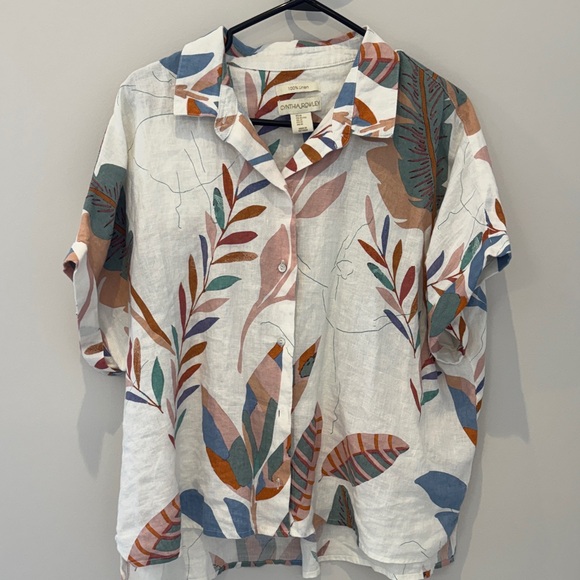 Cynthia Rowley Tops - Cynthia Rowley White Linen Printed Button-Up Top with Multicolor Leaf Pattern